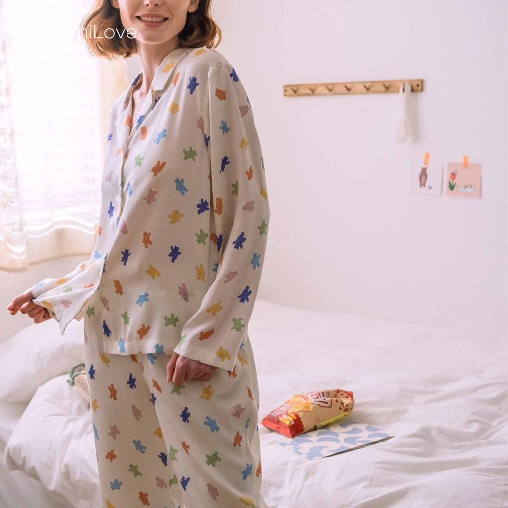 Silky Tencel Ladies Pajamas Sets Colorful Bear / M