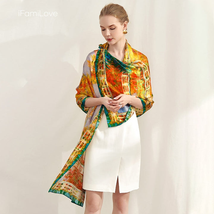 Chic Floral Rectangular Silk Scarf