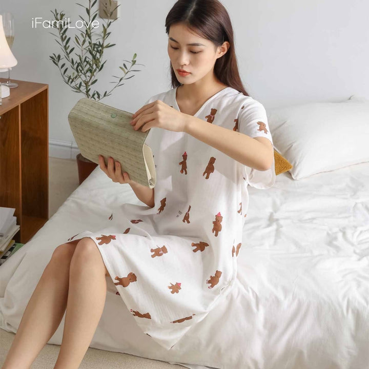 Classic Relaxed Cotton Ladies Night Skirt White Bear / Free Size
