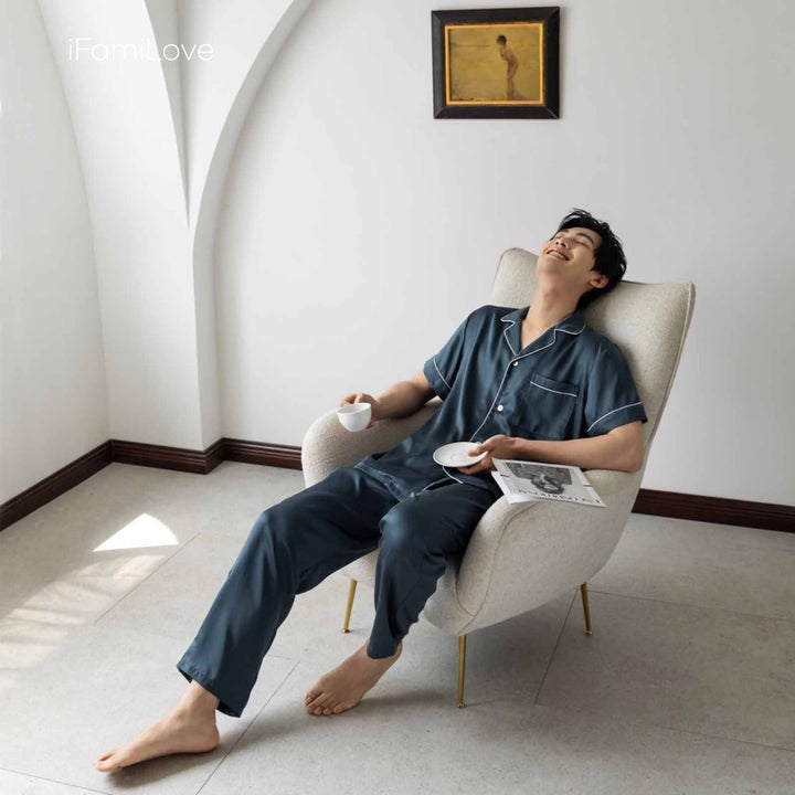 Silky Tencel Mens Pajamas Sets Dark Blue / M